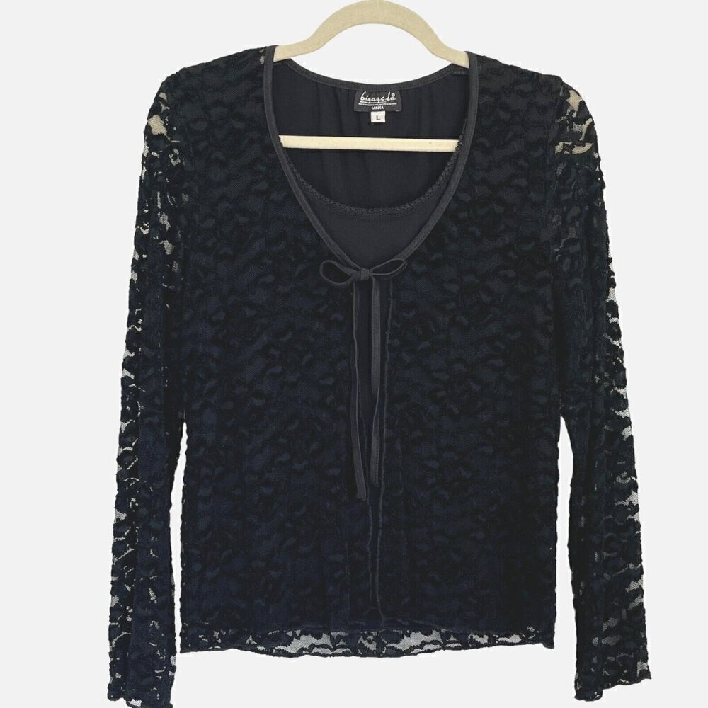 Vintage Black Lace Overlay Cardigan Blouse 90s Goth Witchy Dark Romantic Large